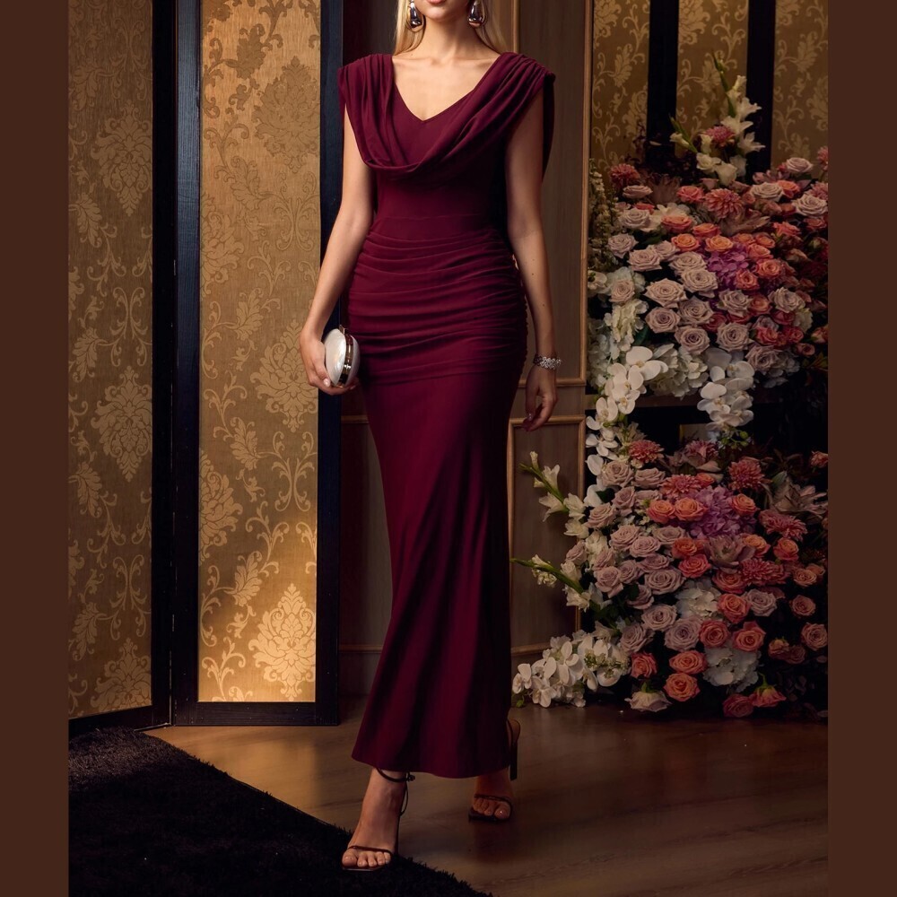 Burgundy Cowl Neck Ruched Sleeveless Slim Fit Maxi Prom Dress